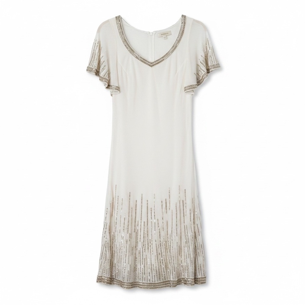 J Kara hand Beaded‎ Chiffon Dress 16 Ivory Silver Sequin Flutter Sleeve Gatsby